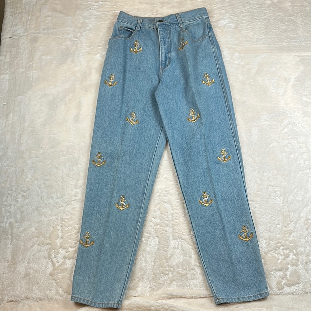 The La Costa Spa Blue & Gold Straight Leg Jeans w/ Nautical Anchor Embroider USA